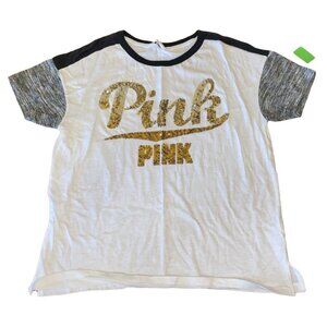 Victorias Secret Pink White & Gray Short Sleeve Glitter Logo T-Shirt SP Cotton B